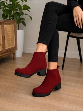 CHARLESTON SHOE CO. Red Woven Ankle Boots with Chunky Black Sole